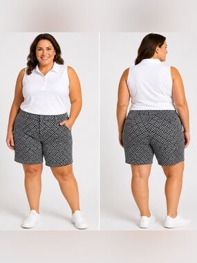 EP Pro Size 18 Black White Print Bermuda Golf Shorts Lightweight Resort Summer